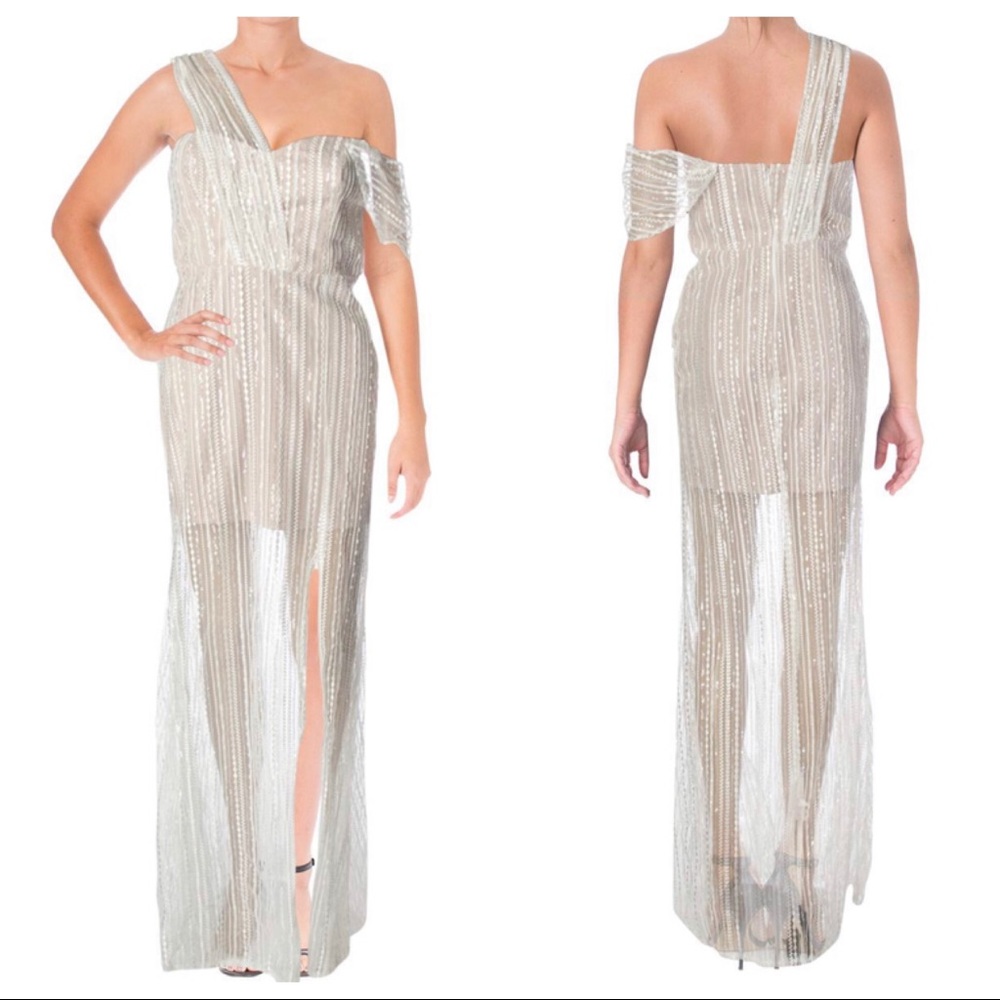 AQUA Embroidered One Shoulder Illusion Gown - Picture 1 of 8